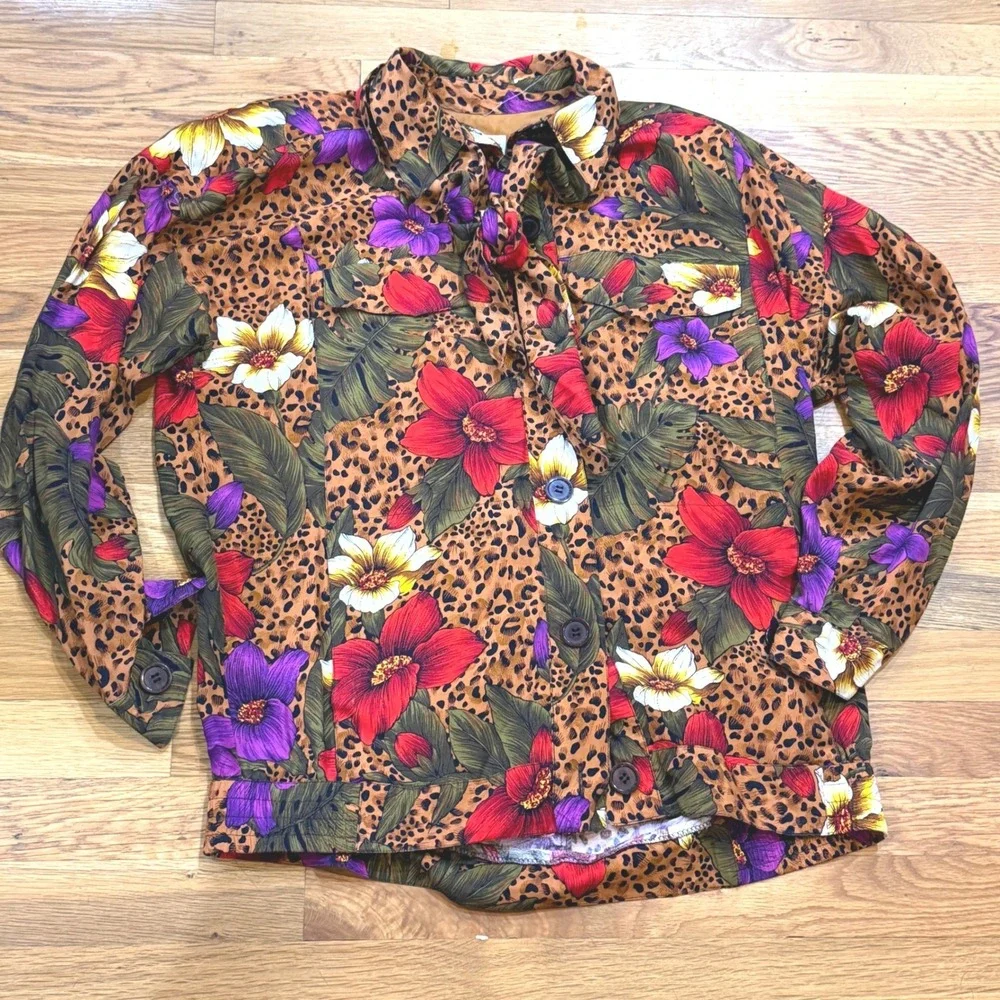 SK & Company Vintage‎ Leopard Floral Rayon Tie Neck Button Up Jacket Womens 10
